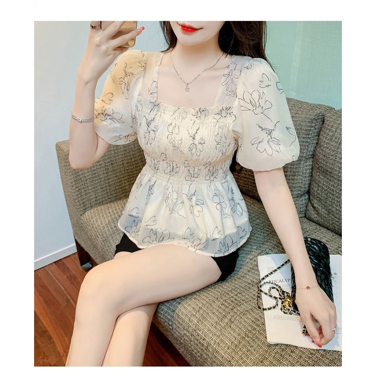 Áo Sơ Mi Chiffon Cổ Vuông Tay Phồng In Họa Tiết Hoa Thời Trang Mùa Hè Cho Nữ