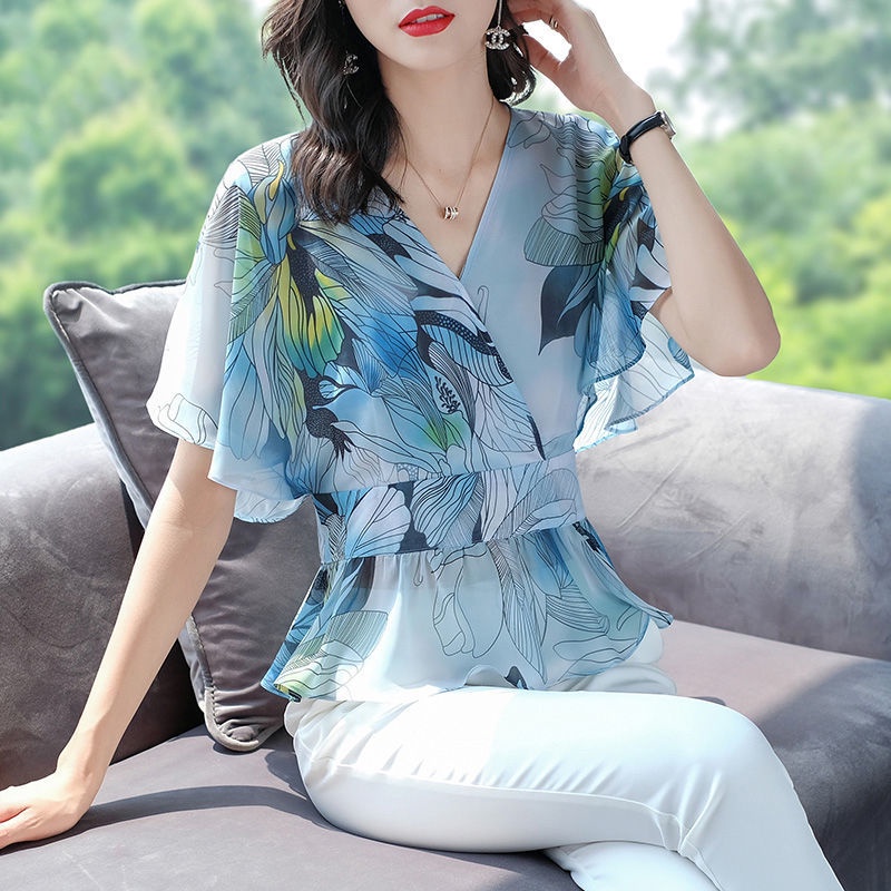 Áo Kiểu Tay Ngắn Cổ Chữ V Phối Bèo Lá Sen Ôm Eo In Họa Tiết Phong Cách Hàn Quốc Thời Trang Cho Nữ