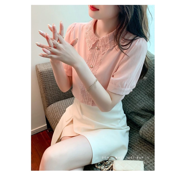 Áo Sơ Mi Chiffon Tay Ngắn Cổ Ren Màu Trơn Đơn Giản Thời Trang Mùa Hè Dành Cho Nữ