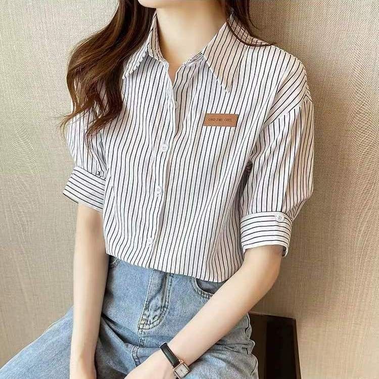 Áo Sơ Mi Ngắn Tay Họa Tiết Kẻ Sọc Thời Trang Mùa Hè Cho Nữ