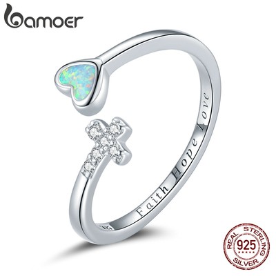 Nhẫn Bạc 925 Bamoer Bsr171 Bạc Kim Đính Đá Zircon Hình Trái Tim Và Thánh Giá Thời Trang Cho Nữ