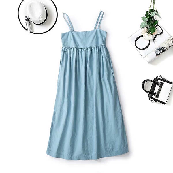 Đầm Hai Dây Xếp Ly Vải Lanh Cotton Pha Gợi Cảm Phong Cách Mới Mùa Hè 2023 Có Túi Cho Nữ458110