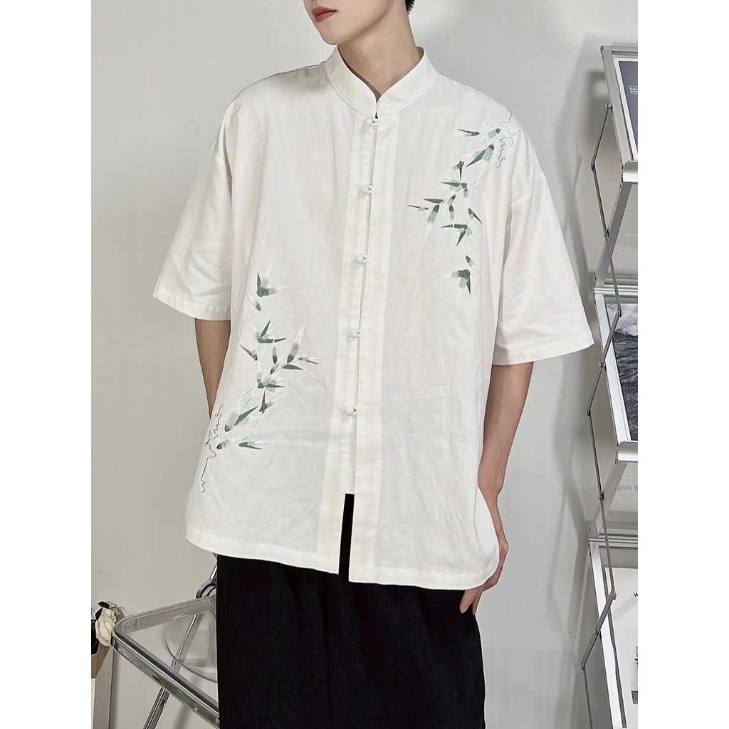 S-4XL  Áo sơ mi cổ đứng kiểu Trung Quốc ngắn tay nam nữ cùng kiểu áo khoác phong cách quốc gia hợp thời trang