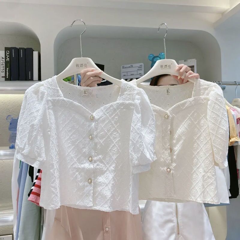 Áo Sơ Mi Tay Ngắn Cổ Vuông Phối Ren Thời Trang Mùa Hè Xinh Xắn Cho Nữ