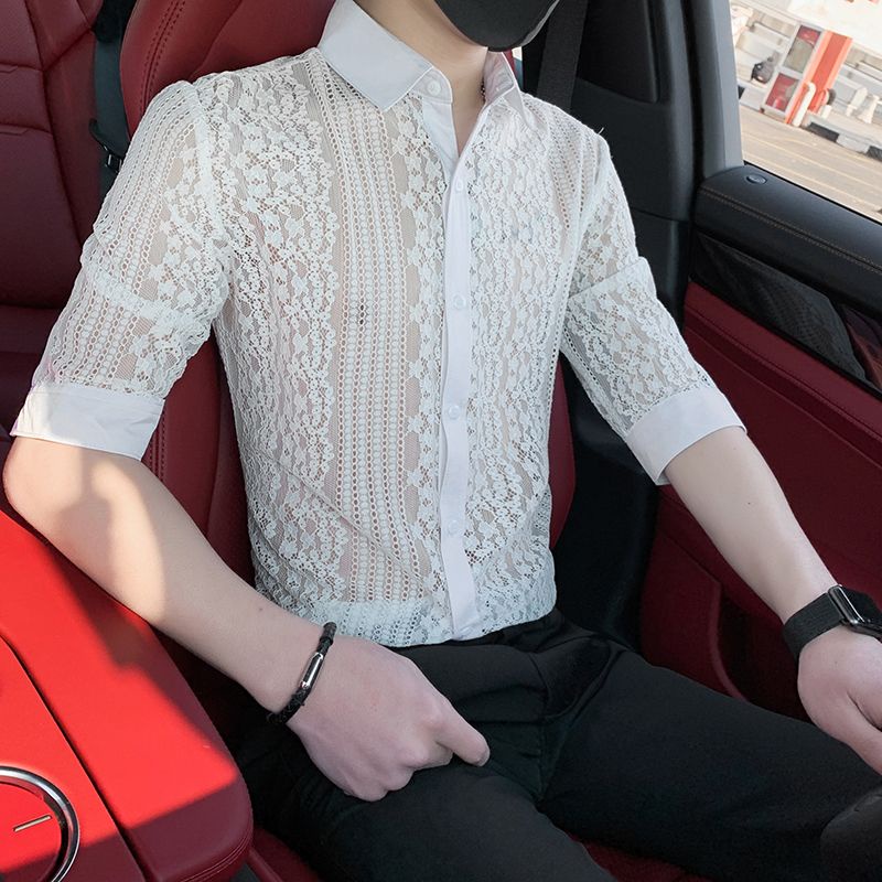 M-4XL hộp đêm áo sơ mi tay lỡ cá tính ren đẹp trai thời trang nam co giãn sành điệu