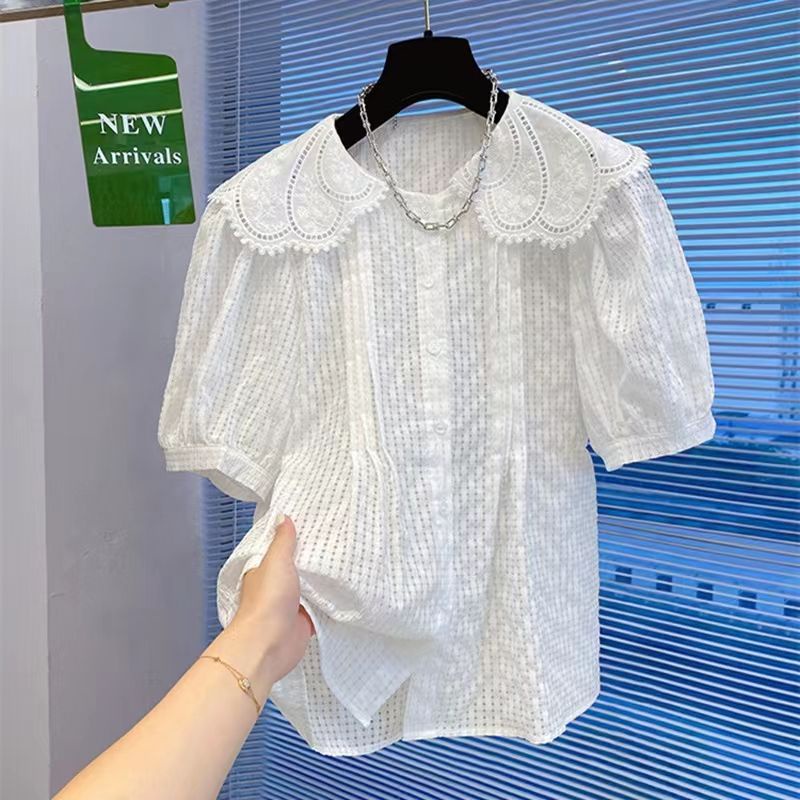 Áo Sơ Mi Tay Ngắn Phồng Cổ Búp Bê Phối Ren Phong Cách Phương Tây Cho Nữ