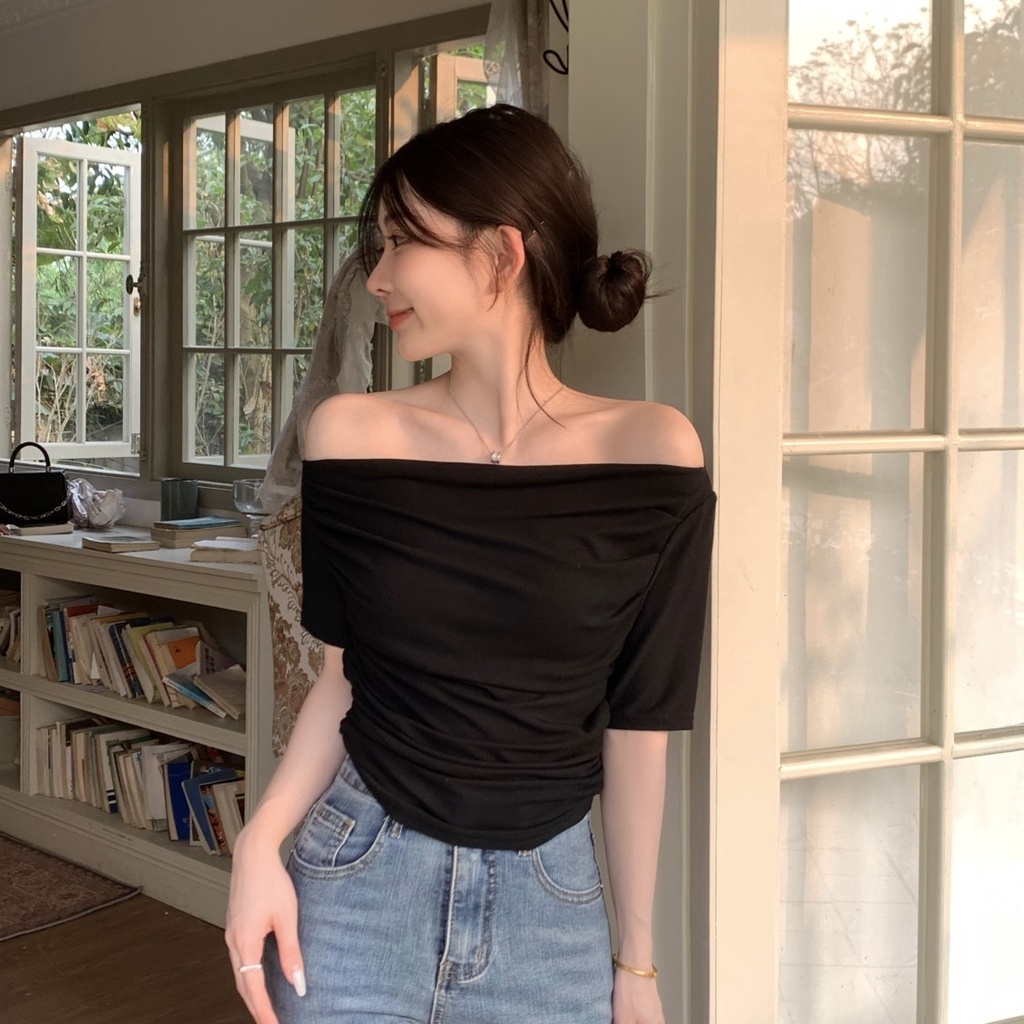 Jiashucheng Áo Thun Ngắn Tay Trễ Vai Ôm Dáng Phong Cách Phương Tây Gợi Cảm Mùa Hè Cho Nữ