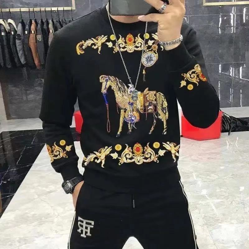 Hàng Có Sẵn!Áo Sweater Phối Nhung Dày Dặn Thêu Họa Tiết Thời Trang Thu Đông 2021 Cho Nam