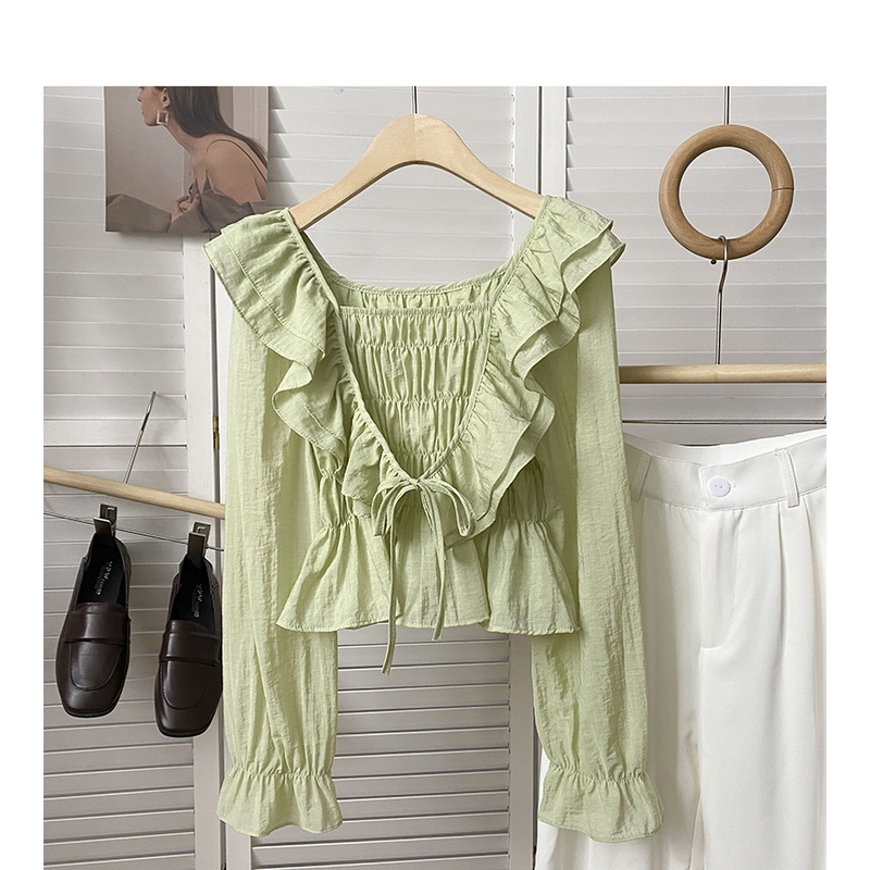 Áo Sơ Mi Dài Tay Phối Bèo Phong Cách Hàn Quốc Mới Cho Nữ