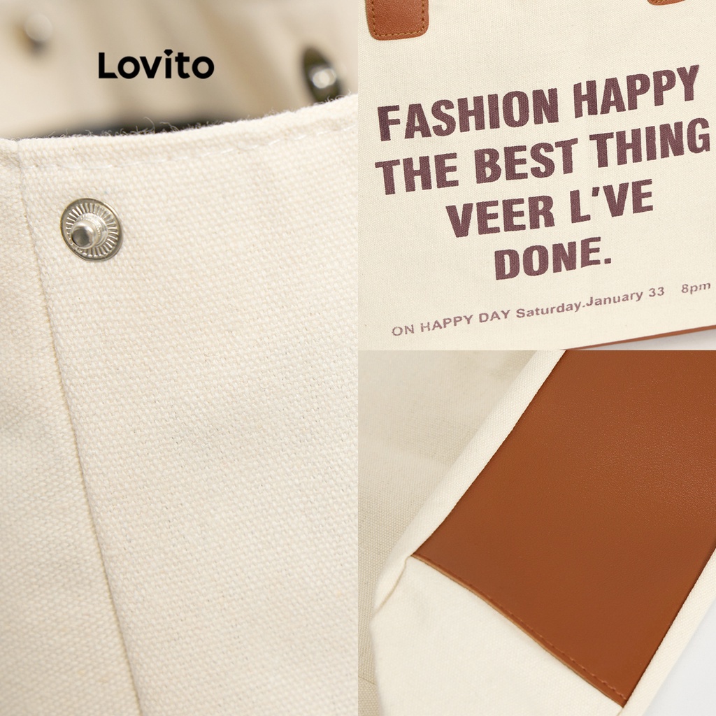 Túi tote LOVITO sức chứa lớn canvas dây tương phản đính đá chữ cái thường ngày cho nữ L46BA003 (kaki/ trắng ngà/ đen)