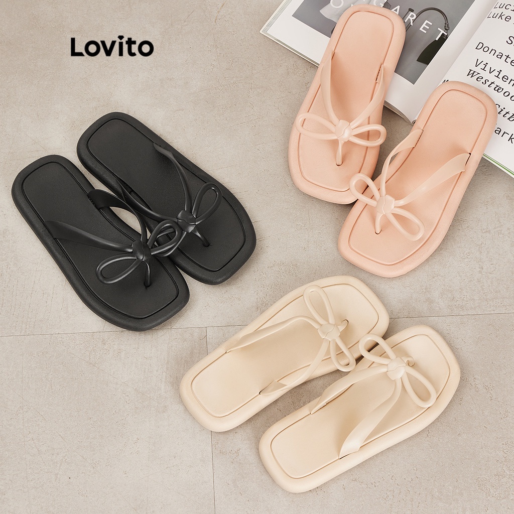Lovito Casual Trơn Thắt Nơ Mũi Post PVC Ngoài Trời Mát Mẻ Thời Trang Mùa Hè Hàn Quốc Đế Dày Chống Trượt Đế Dày Nhanh Khô Đáy Dày Thoáng Khí Cho Nữ LIS02003 (Hồng Nhạt/Trắng/Đen)