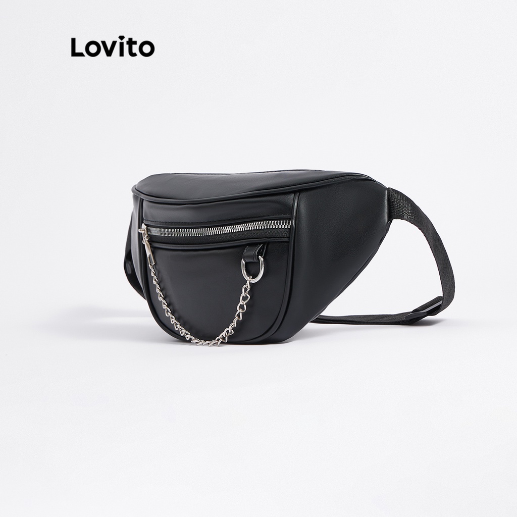 Túi đeo ngang eo LOVITO dây canvas chuỗi xích kim loại màu trơn thường ngày cho nữ L46BA006 (màu trắng/ màu đen)