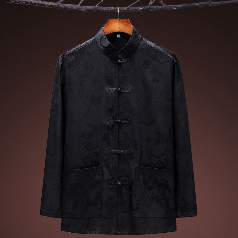 Áo Sơ Mi Tay Dài Cổ Đứng Form Rộng Phối Túi Phong Cách Retro Trung Hoa Cho Nam