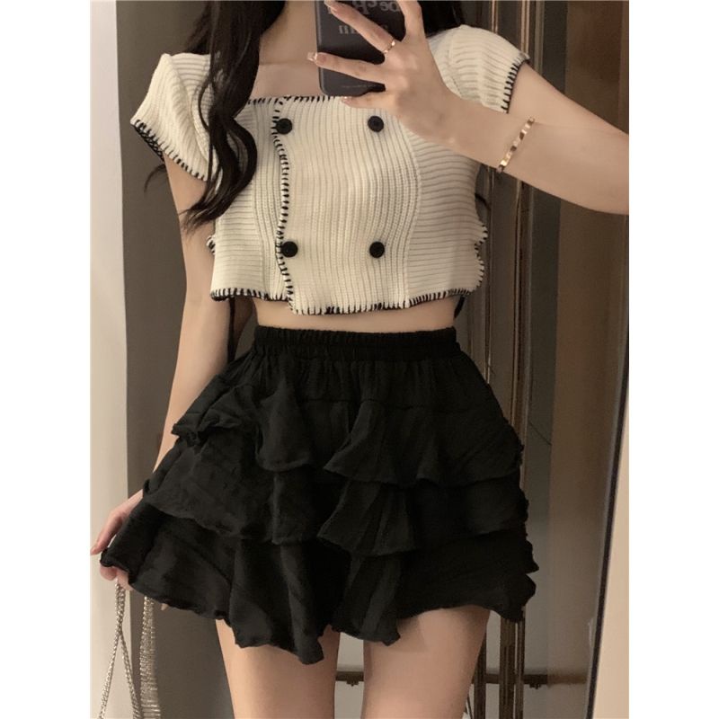 Set Áo Thun Ngắn Tay Cổ Vuông + Chân Váy Xếp Tầng Lưng Cao Phong Cách Mới Cho Nữ