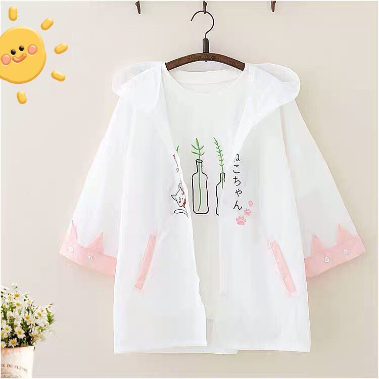 Áo Khoác Mỏng Có Nón Thêu Hình Mèo Phong Cách Harajuku Nhật Bản