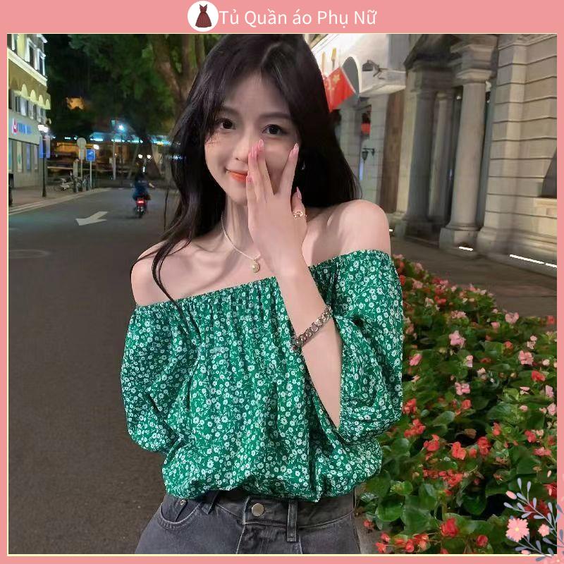 O S Mi N L A M Qu C Quy N Áo Sơ Mi Ngắn Tay Trễ Vai Cổ Điển Mùa Hè Màu Xanh Lá Cây Họa Tiết Hoa Cho Nữ