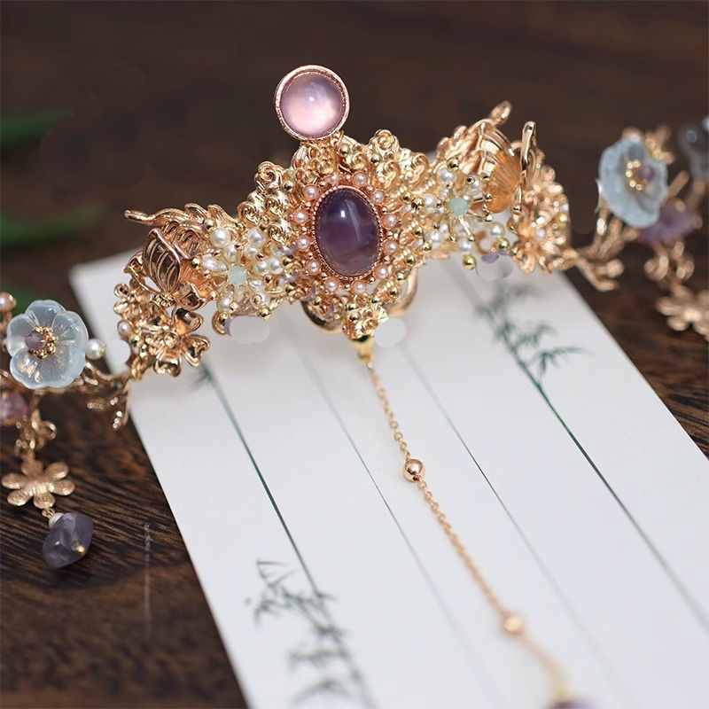 Kẹp Tóc Hình Vương Miện Đính Đá Thạch Anh Tím Phong Cách Hán Phục 5.17