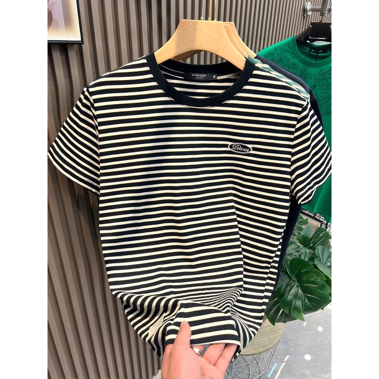 Áo Thun Cotton Ngắn Tay Kẻ Sọc Ngang Thêu Họa Tiết Thời Trang Mùa Hè Cho Nam