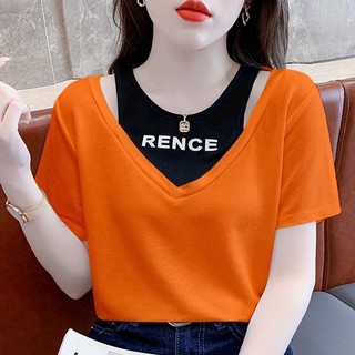 Áo Thun Tay Ngắn Giả Hai Lớp Thời Trang Mùa Hè Hàn Quốc Cho Nữ
