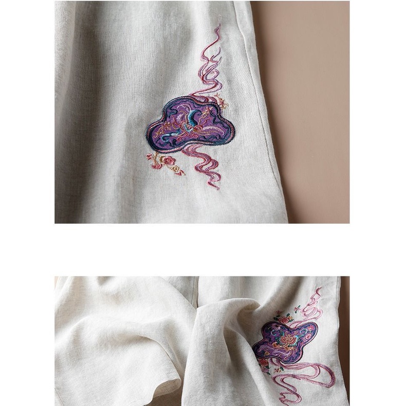 Quần Cotton Lanh Ống Rộng Cạp Cao Thêu Họa Tiết Phong Cách Mới Mùa Hè Cho Nữ