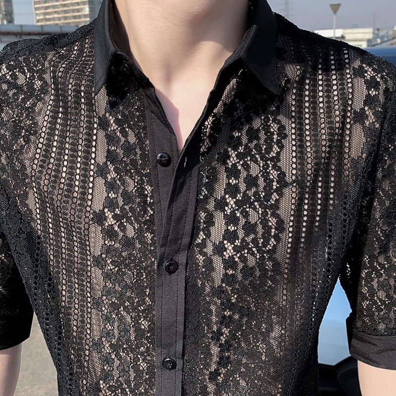 M-4XL hộp đêm áo sơ mi tay lỡ cá tính ren đẹp trai thời trang nam co giãn sành điệu