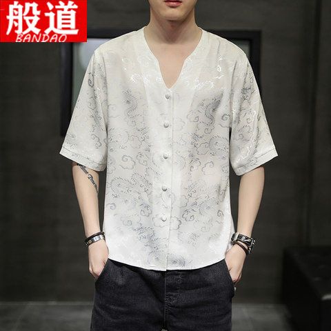 Trang phục nam phong cách Trung Quốc M-5XL áo thun lụa băng siêu mỏng hoa tối hoa nam tay ngắn cỡ lớn tay lỡ