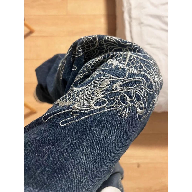 Quần Jeans Dài Thêu Hình Rồng Phong Cách Âu Mỹ Cho Nam Nữ