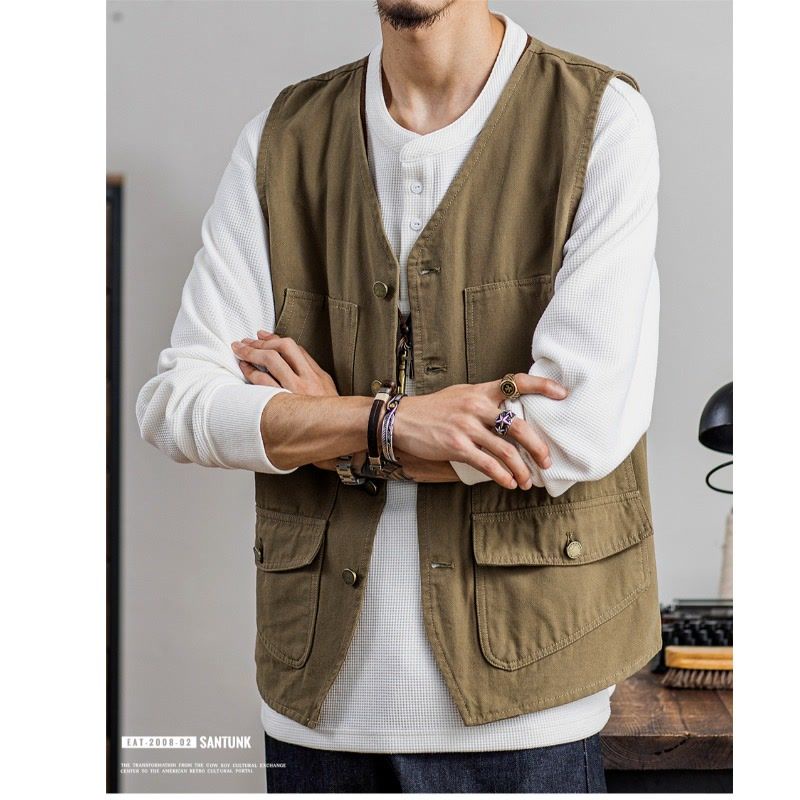 Áo Khoác Không Tay Nhiều Túi Phong Cách Nhật Bản Cho Nam