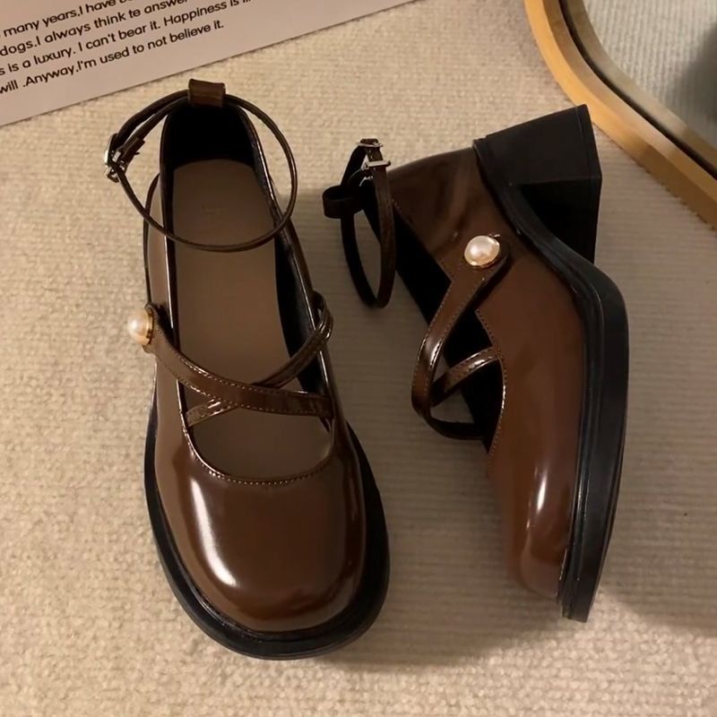 Giày Mary Jane Gót Dày Mũi Tròn Bằng Da Đính Ngọc Trai Thời Trang Mùa Hè 2023