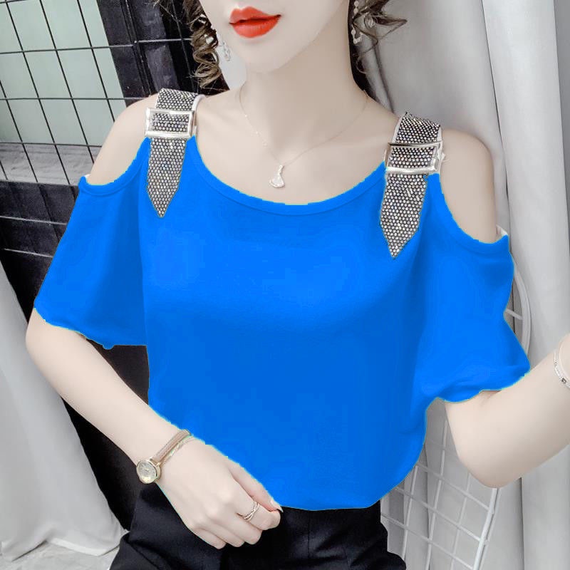 Áo Thun Cotton Lụa Lạnh Mỏng Dáng Rộng Tay Ngắn Đính Kim Cương Giả Kích Thước Lớn Phong Cách Đồng Quê Mùa Hè Mới Wo
