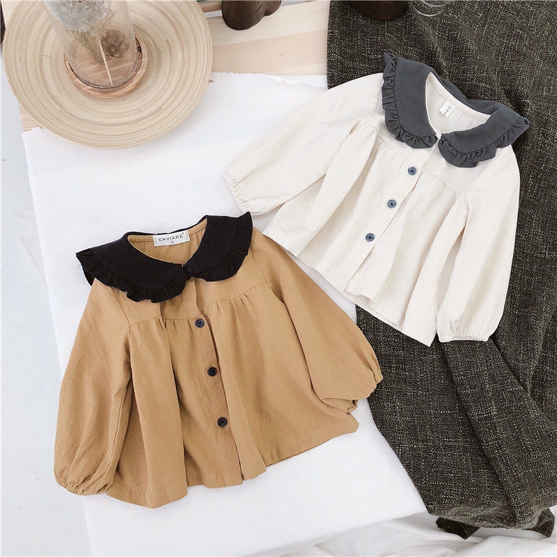 Áo Sơ Mi Cotton Lanh Tay Dài Cổ Búp Bê Màu Sắc Nổi Bật Phong Cách Hàn Quốc Thời Trang Xuân Thu Cho Bé