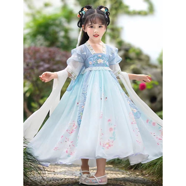 Hanfu girls summer dress 2023 new antique dress summer girls tang suit children s super fairy ancient costume summer mod