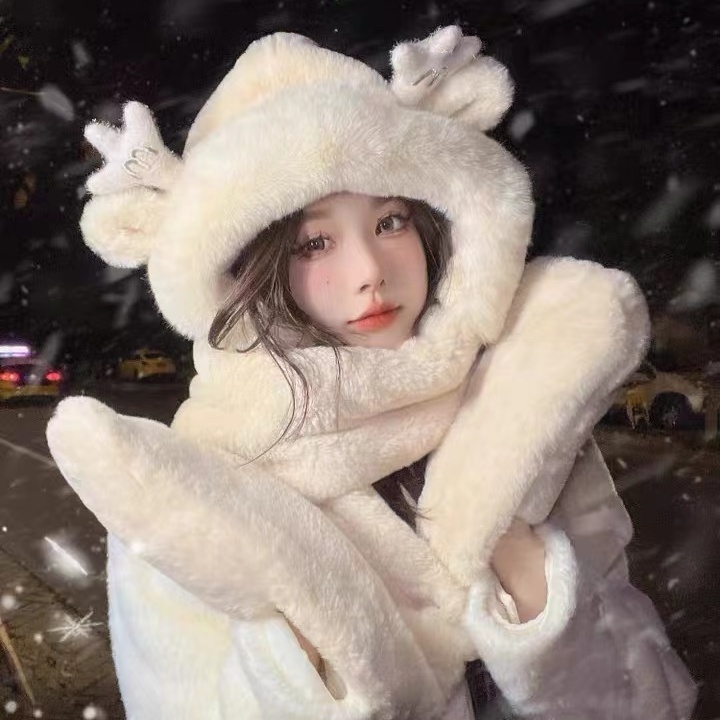 Mũ lạnh nữ khăn quàng cổ găng tay có mũ trùm đầu đáng yêu ấm áp len ba mảnh mùa đông 8.17