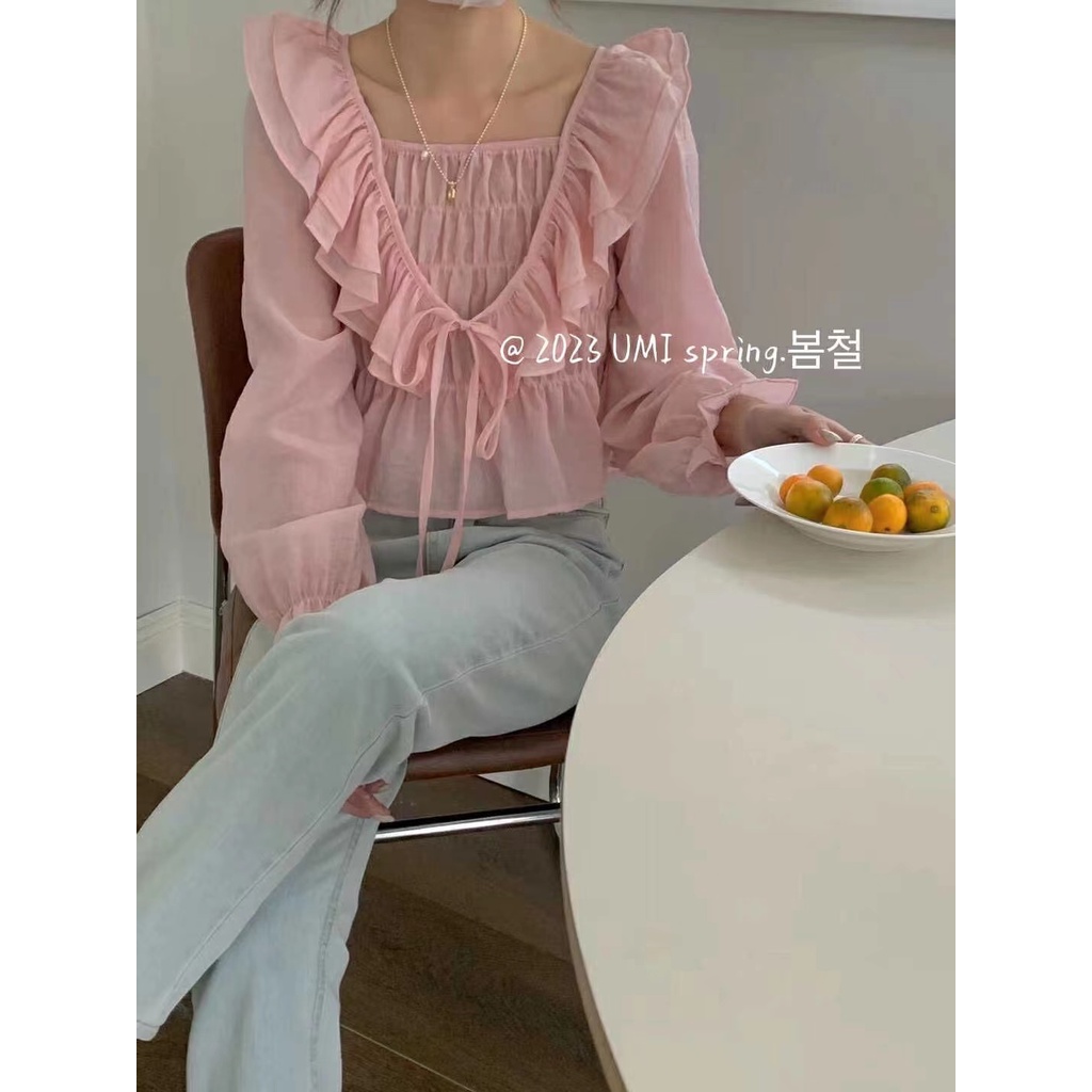 Áo Sơ Mi Dài Tay Phối Bèo Phong Cách Hàn Quốc Mới Cho Nữ