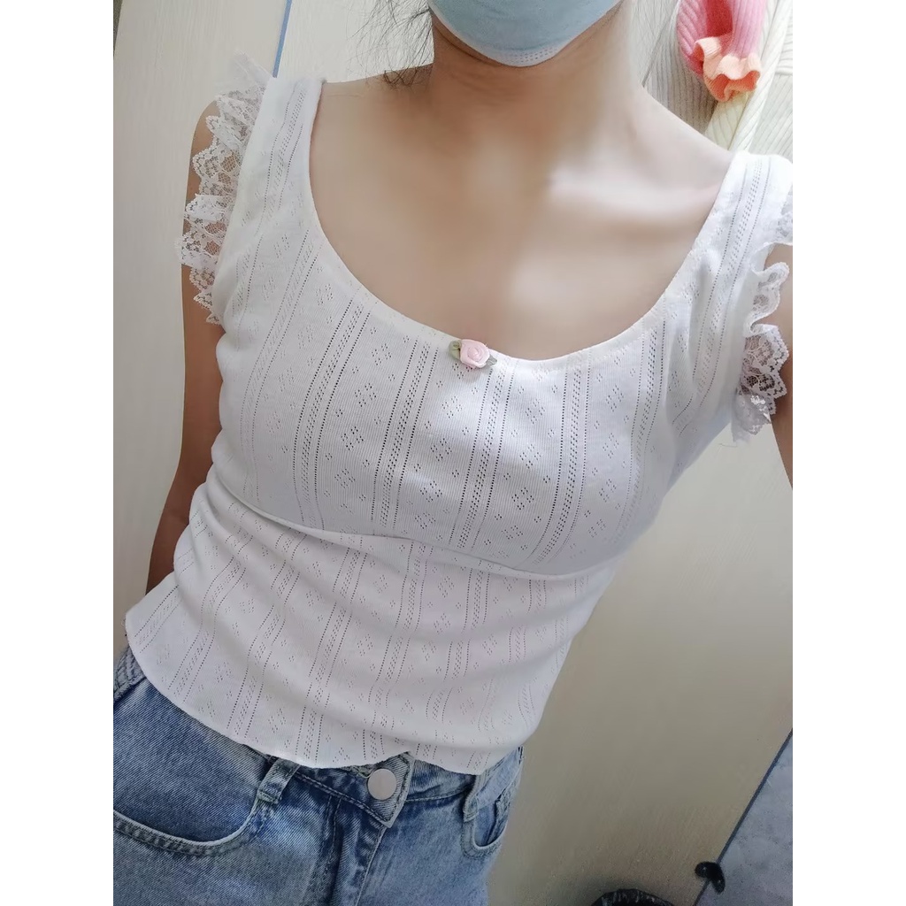 Áo Crop Top Y2K Phối Ren Màu Trắng Sữa Phong Cách Vintage Thập Niên 90 Dễ Thương