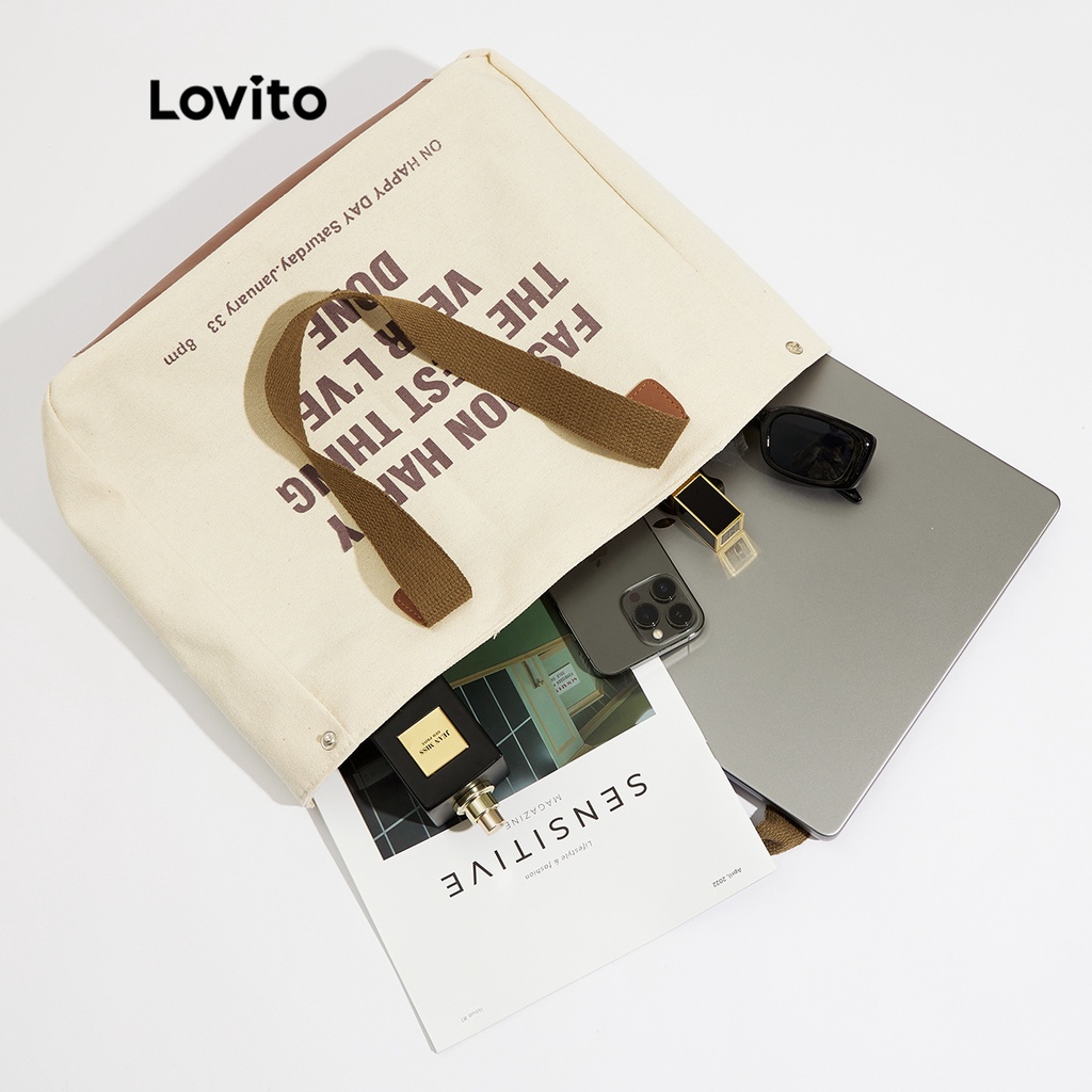 Túi tote LOVITO sức chứa lớn canvas dây tương phản đính đá chữ cái thường ngày cho nữ L46BA003 (kaki/ trắng ngà/ đen)