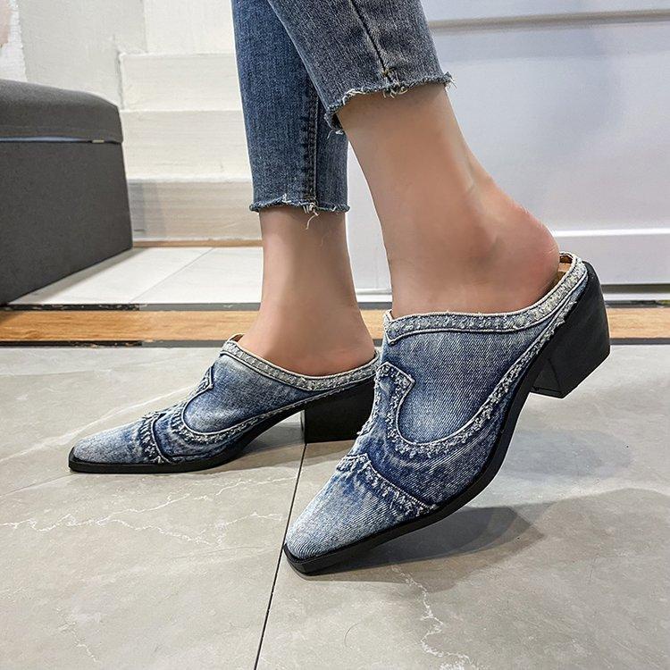 35-40 2023 dép denim cao gót cá tính đầu vuông nhỏ mẫu mới