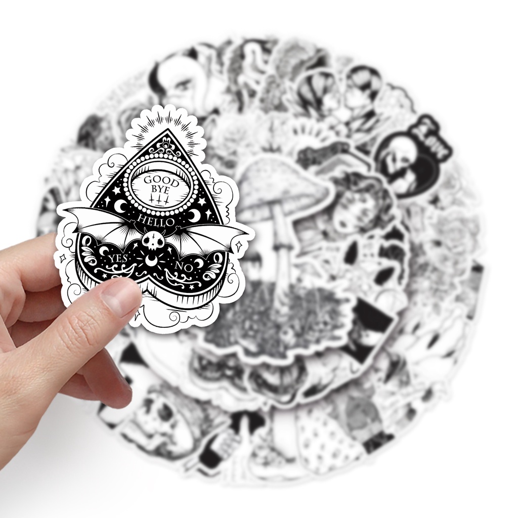 Bộ 50 Miếng Dán Trang Trí Xe Hơi / Mô Tô Họa Tiết Trắng Đen Vui Nhộn Chống Thấm Nước DIY