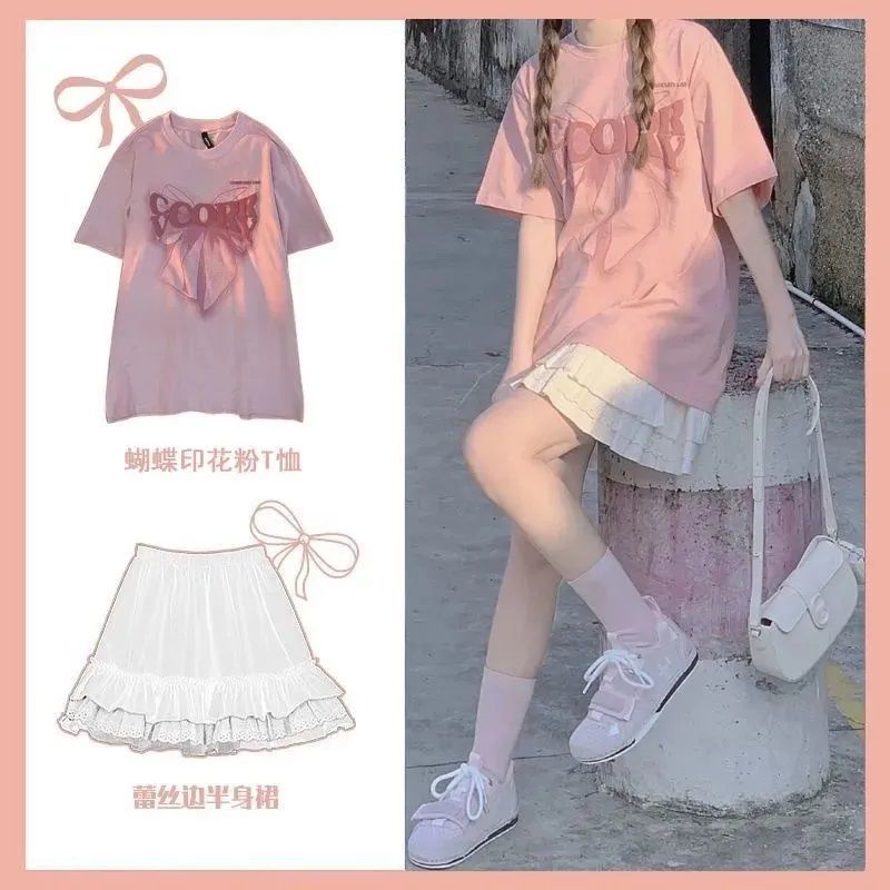 Set Áo Thun Ngắn Tay + Chân Váy Xếp Tầng Mềm Mại Dáng Rộng Lưng Cao Thời Trang Cho Nữ
