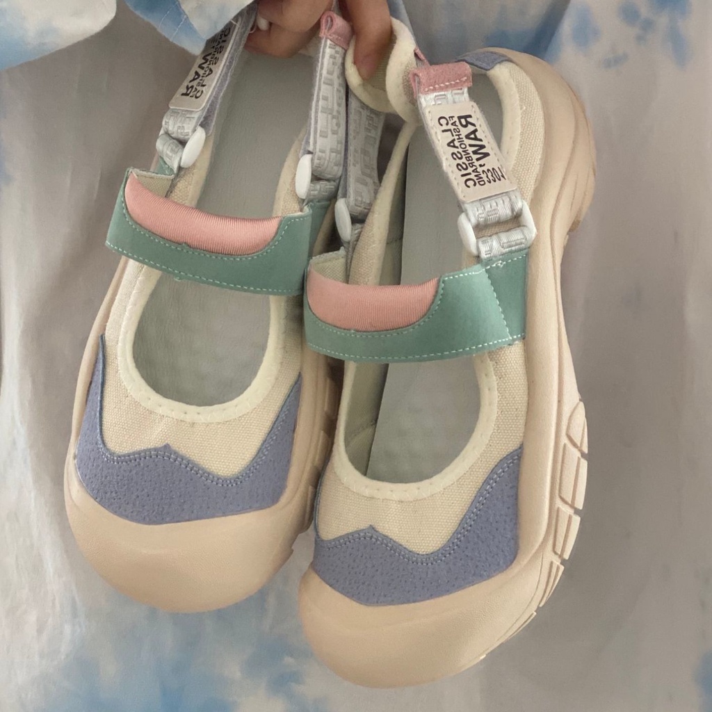~ Giày Sandal Thể Thao Đế Mềm Quai Dán Một Bên Ngoài Bằng Vải Bạt Nhật Bản Cho Nữ