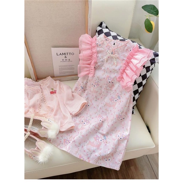 Đầm Sườn Xám In Họa Tiết Hoạt Hình Phối Bèo Dễ Thương Thời Trang Mùa Hè Cho Bé Gái