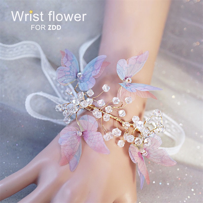 Vòng Đeo Tay Cô Dâu Đính Pha Lê Hình Hoa Bướm Màu Hồng / Xanh Dương Lấp Lánh
