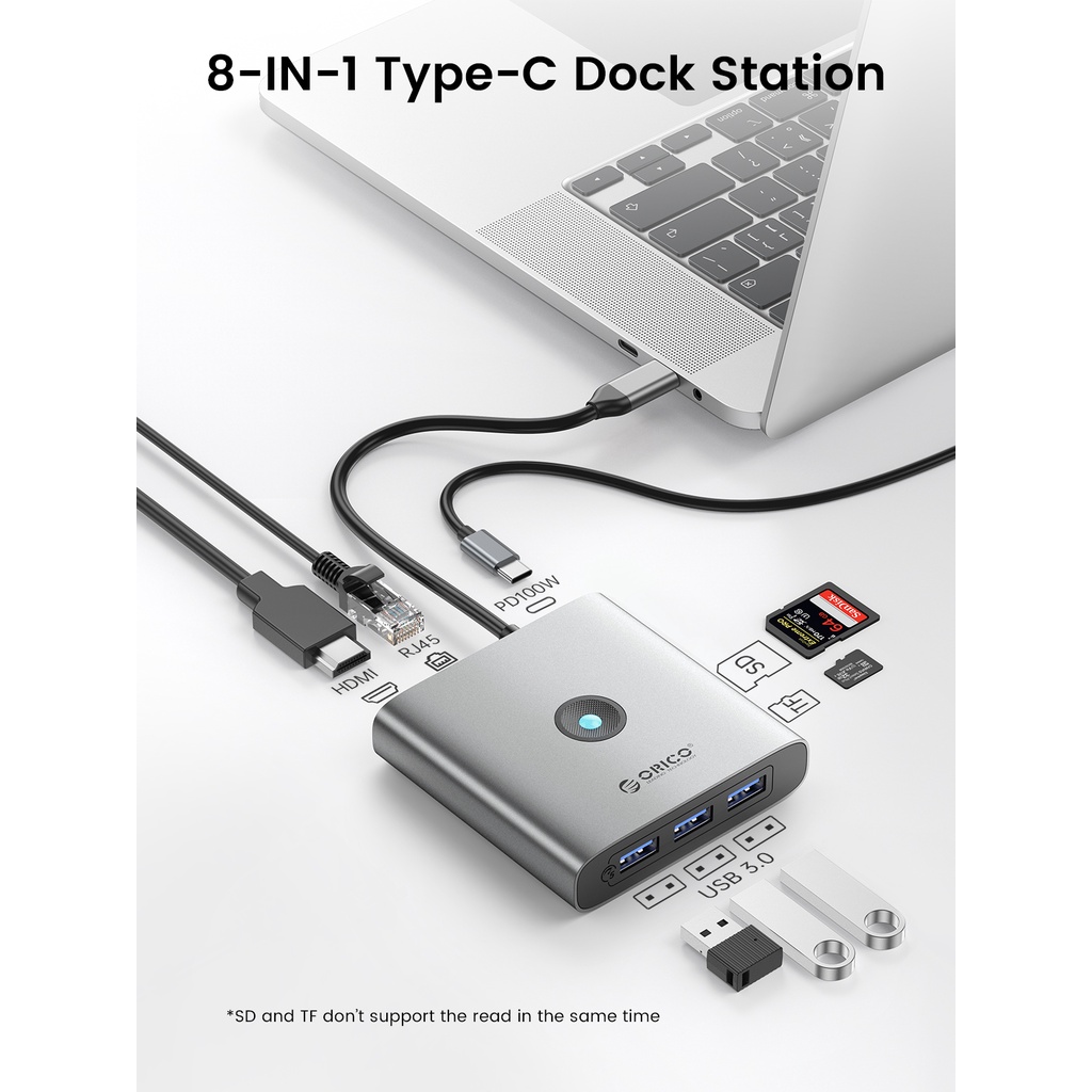 Orico Bộ hub Chuyển Đổi usb type c Sang 4k hdmi pd 100w rj45 sd tf usb3.0 Cho macbook air pro m1 m2 (Fx3)