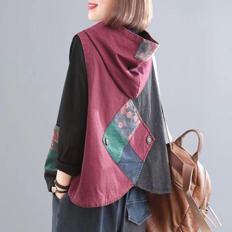 Áo Khoác denim Không Tay Có Mũ Trùm In Họa Tiết Thời Trang Xuân Thu Phong Cách Hàn Quốc Cổ Điển Kiểu Mới