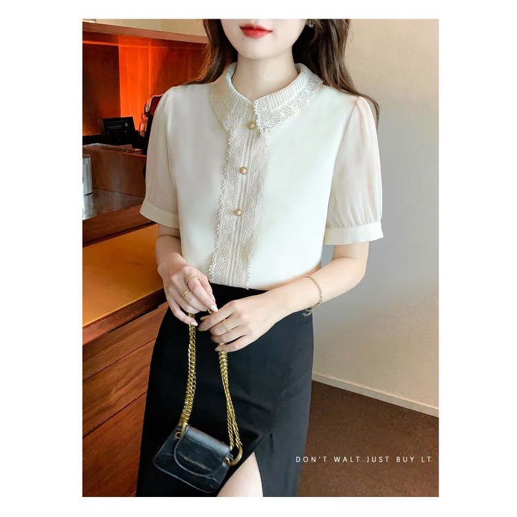 Áo Sơ Mi Chiffon Tay Ngắn Cổ Ren Màu Trơn Đơn Giản Thời Trang Mùa Hè Dành Cho Nữ