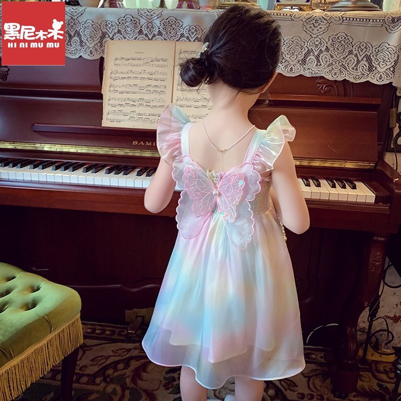 Đầm Công Chúa Mùa Hè Hai Dây Có Cánh Bướm Màu Cầu Vồng Phong Cách Mới Cho Bé Gái