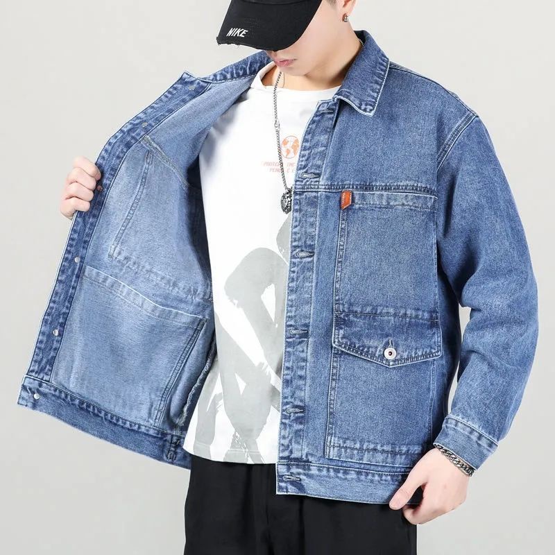 Áo khoác bò kiểu Nhật đẹp trai M-5XL áo jacket thanh niên rộng rãi thương hiệu thời trang nam thêu chữ màu xanh nhạt dễ phối