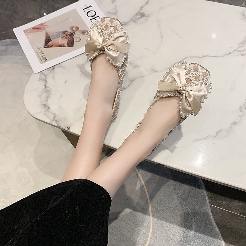 Khuyến Mãi Phong Cách Mới ~ Giày Búp Bê Đế Mềm Mũi Vuông Đính Ngọc Trai Phong Cách Mới Cho Nữ