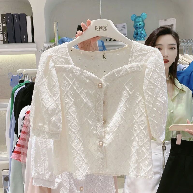 Áo Sơ Mi Tay Ngắn Cổ Vuông Phối Ren Thời Trang Mùa Hè Xinh Xắn Cho Nữ