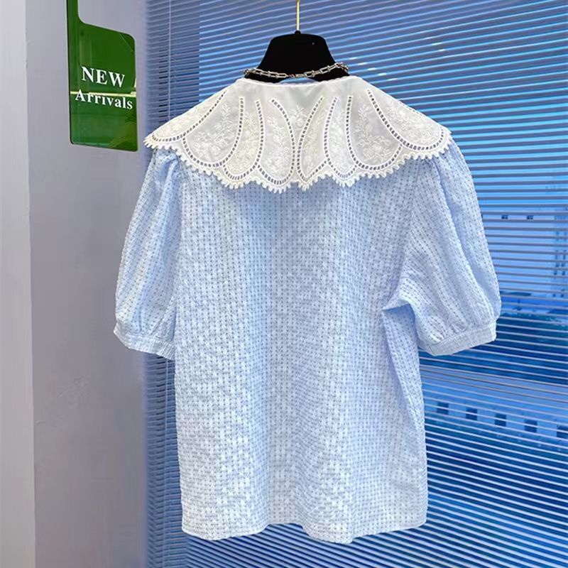 Áo Sơ Mi Tay Ngắn Phồng Cổ Búp Bê Phối Ren Phong Cách Phương Tây Cho Nữ